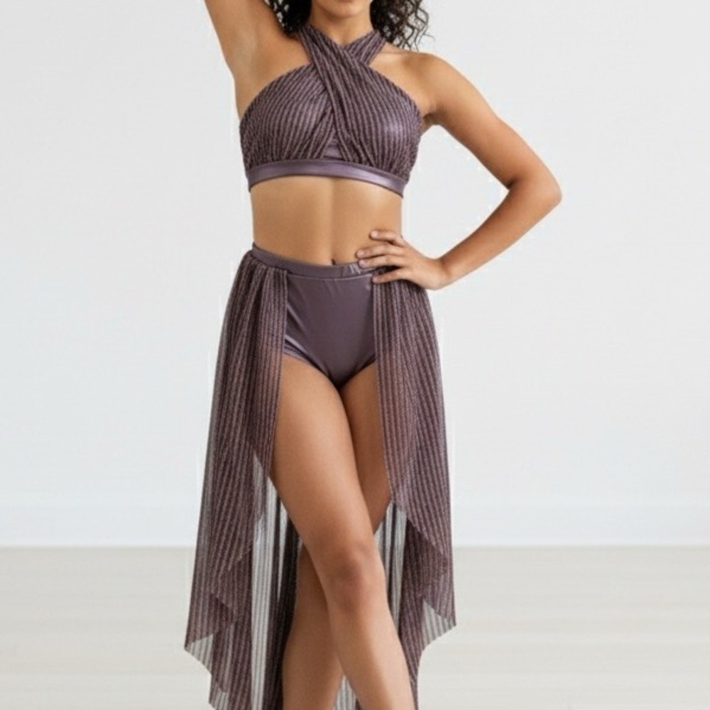 Double Platinum purple shimmer Halter Crop Top and Skirt Kids Dance Costume‎ AXS